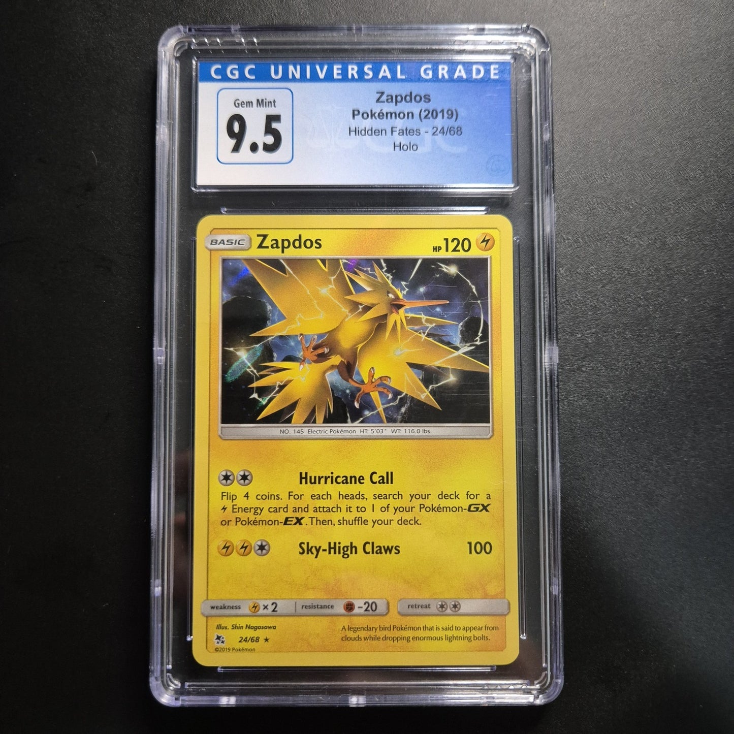 CGC 9.5 Gem Mint 2019 Pokemon Sun & Moon Zapdos 24/68 Holo Rare Hidden Fates 