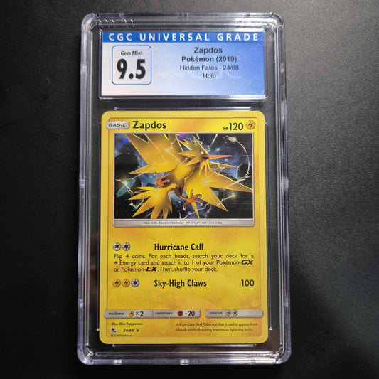CGC 9.5 Gem Mint 2019 Pokemon Sun & Moon Zapdos 24/68 Holo Rare Hidden Fates 